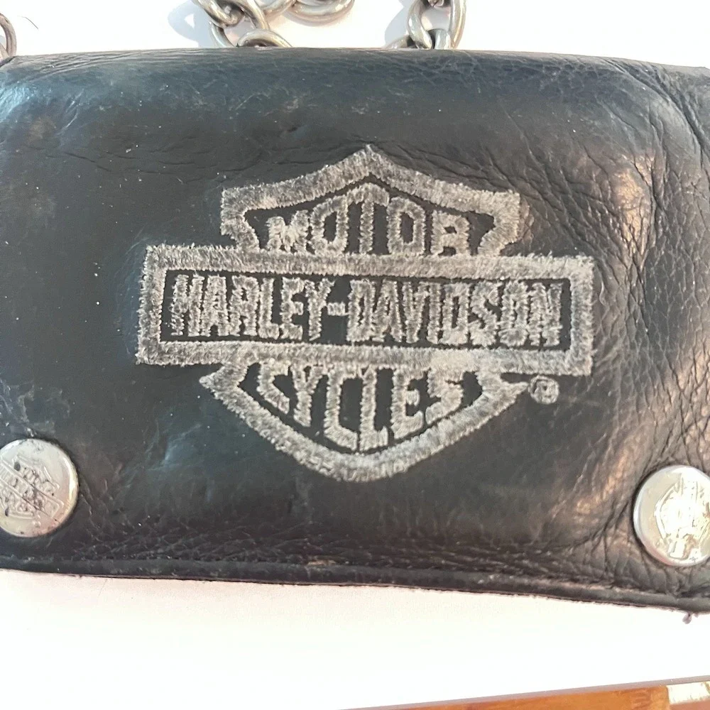 Harley-Davidson Mens Black Leather Trifold Trucker Biker Chain Wallet Logo Snap‎